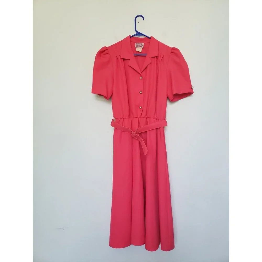 VTG California Looks Women 12 Retro Dress Hot Pink Button Accent Belt Cap Sleeve - Picture 1 of 5